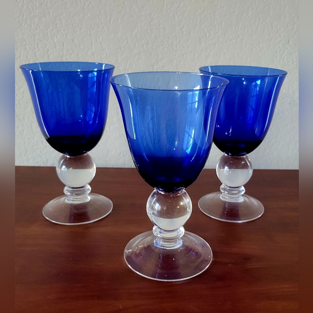 3 rare Cobalt Blue Clear Ball wine glasses